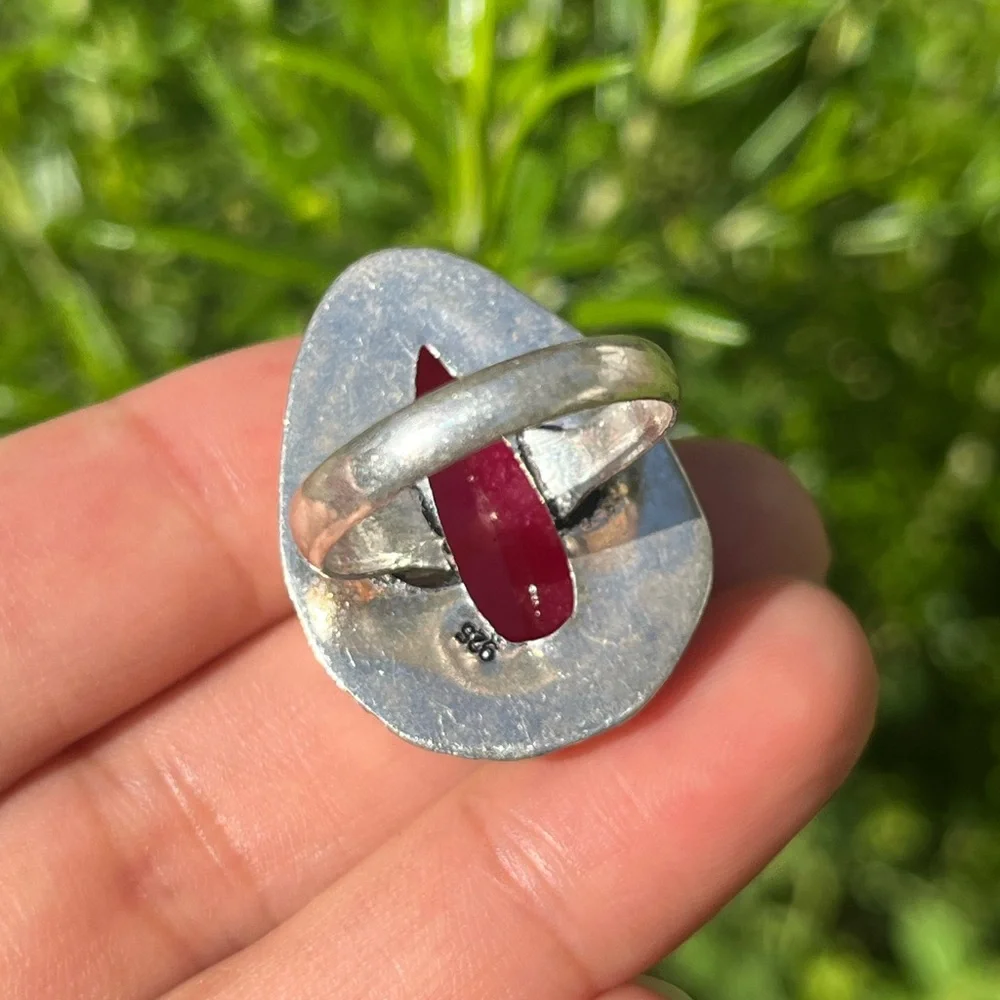 Size 9 925 silver plated‎ hot pink simulated ruby ring